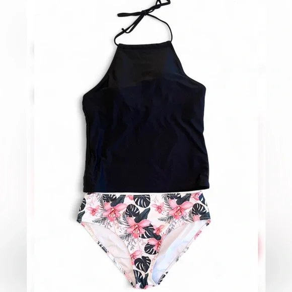 Beachsissi Black Halter Tankini with Floral Bikini Bottom Sz Large - Picture 2 of 7
